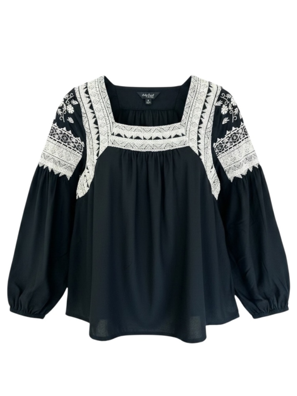 Lucky Brand Embroidered Peasant Blouse Boho Black White Medium